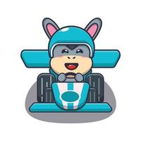 lindo burro mascota personaje de dibujos animados montando coche de carreras