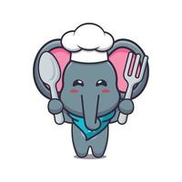 lindo elefante chef mascota personaje de dibujos animados con cuchara y tenedor vector