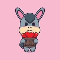 cute donkey cartoon character holding love in wood bucket vector
