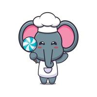 lindo elefante chef mascota personaje de dibujos animados con dulces vector