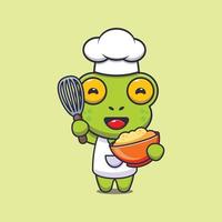 lindo personaje de dibujos animados de la mascota del chef rana con masa para pasteles vector