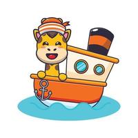 cute giraffe mascot cartoon character on the ship vector