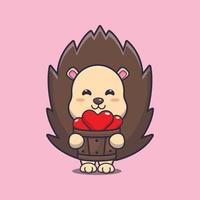 cute hedgehog cartoon character holding love in wood bucket vector