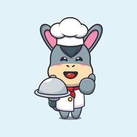 Lindo burro chef mascota personaje de dibujos animados con plato vector