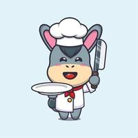 lindo personaje de dibujos animados de la mascota del chef burro con cuchillo y plato