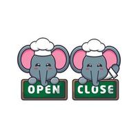 cute elephant chef mascot cartoon character with open and close board vector