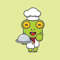 lindo personaje de dibujos animados de la mascota del chef rana con plato vector