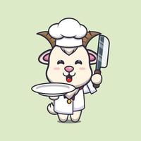 cute goat chef mascot cartoon character with knife and plate vector