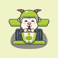 lindo personaje de dibujos animados de mascota de cabra montando coche de carreras vector