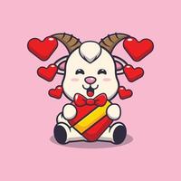 lindo personaje de dibujos animados de cabra feliz en el día de san valentín vector