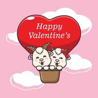 cute goat cartoon character fly with air balloon in valentines day vector