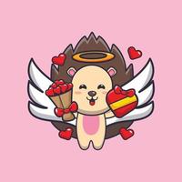 cute hedgehog cupid cartoon character holding love gift and love bouquet vector