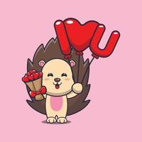 cute hedgehog cartoon character holding love balloon and love flowers vector