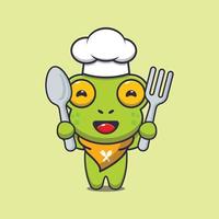 lindo personaje de dibujos animados de la mascota del chef rana sosteniendo cuchara y tenedor vector