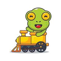 cute frog mascot cartoon character ride on train vector