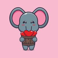 cute elephant cartoon character holding love in wood bucket vector