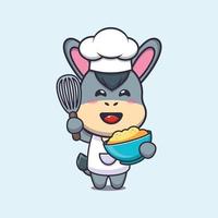 Lindo burro chef mascota personaje de dibujos animados con masa de pastel vector