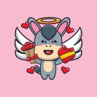 lindo burro cupido personaje de dibujos animados con regalo de amor y ramo de amor vector