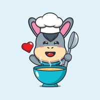 Lindo burro chef mascota personaje de dibujos animados con sopa vector