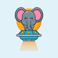 cute elephant mascot cartoon character fly with ufo vector