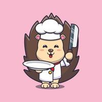 lindo erizo chef mascota personaje de dibujos animados con cuchillo y plato vector