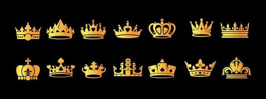 Gold crown icons. Queen king crowns luxury royal on blackboard, crowning tiara heraldic winner award jewel vector set