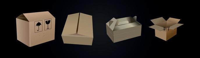 Realistic cardboard box mockup set from side, front and top view open and closed isolated on black background. Parcel packaging template vector