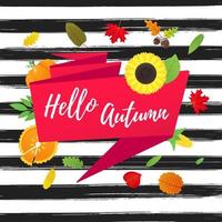 Hello autumn vector banner or poster gradient flat style design vector illustration. Huge red ribbon with text, colored leaves, pumpkin, sunflower, pie and corn isolated on fun background.