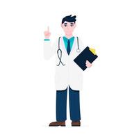 Doctor standing and hold clipboard and stethoscope with index finger flat style design vector illustration