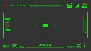 Camera viewfinder night vision video or photo frame recorder flat style design vector illustration. Digital camera viewfinder with exposure settings and focusing grid template.
