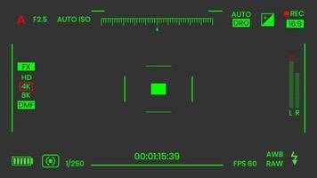 Camera viewfinder night vision video or photo frame recorder flat style design vector illustration. Digital camera viewfinder with exposure settings and focusing grid template.