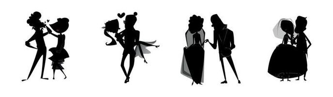 Just married bride and groom silhouettes set. Happy Couple celebrating marriage vector