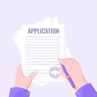 Application document form submit flat style design icon sign vector illustration isolated on light purple background. Complete application or survey document business concept with text contract stamp.