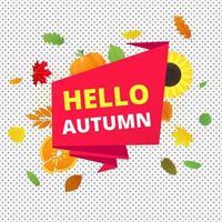 hola otoño vector banner o poster gradiente estilo plano diseño vector ilustración. enorme cinta roja con texto, hojas de colores, calabaza, girasol, pastel y maíz aislado en un fondo divertido.
