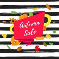 Autumn sale vector banner or poster gradient flat style design vector illustration. Huge red ribbon with text AUTUMN SALE, colored leaves, pumpkin, sunflower, pie and corn isolated on fun background.