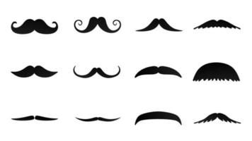 12 Strong man mustaches flat style icon signs set vector illustration isolated on white background. Symbol of the vintage dad or father web flat icon.