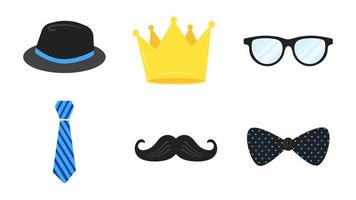 Strong man mustache, hat, golden crown, eyeglasses, tie, bow tie flat style icon signs set vector illustration isolated on white background. Symbol of the vintage dad or father web flat icons.