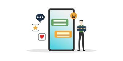 concepto de satisfacción del cliente. los clientes o los empresarios tienen una calificación y cinco estrellas amarillas con un móvil o teléfono inteligente y un cuadro de chat, un corazón y un icono de cara sonriente en un fondo blanco. vector