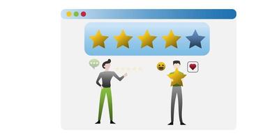 Customer satisfaction concept. Customers or businessmen hold yellow stars to give ratings with heart, and smiley face icons on the desktop background. vector