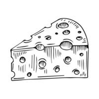 Vector cheese with a black line. Simple food and cooking illustration in doodle style on a white isolated background hand drawn. Design for social networks,web,advertising,banners,menus,recipes.