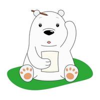 White polar bear pensively sits with a piece of paper, scratches the back of his head and thinks about solving the problem. Cartoon character. Flat vector illustration