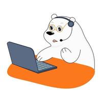 el oso polar blanco trabaja duro en una computadora portátil con auriculares y anteojos. personaje animado. ilustración vectorial plana vector