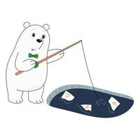 White polar bear standing near the ice-hole with fishing rod. Cartoon character. Flat vector illustration