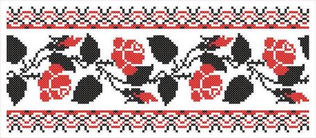 esquema de ornamento vectorial de punto de cruz nacional ucraniano de rosas con marco. ilustración en negro y rojo