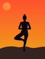 A silhouette of a woman standing in tree yoga position, meditating against sunrise sky. Flat vector illustration