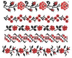 esquema de ornamento vectorial de punto de cruz nacional ucraniano de rosas y bayas para marcos. conjunto negro y rojo de ilustraciones vectoriales