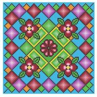 Bright square scheme of colored cross stitch. Flowers, leaves, geometric ornament in Ukrainian style. Vector illustration