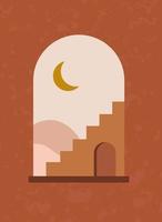 Modern abstract aesthetic print with landscape, stairs and moon on terracotta background. Wall decor in boho style. Mid century vector print for cover, wallpaper, card, social media, interior