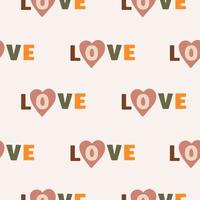 Vector seamless pattern with the word love and hearts on pastel background. Trendy design for valentine's day, wedding, love theme, textile, wallpaper, wrapping paper