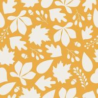 Autumn seamless pattern with colorful silhouette acorns, leaves and berries on orange background. Modern seasonal pattern. Vector flat design